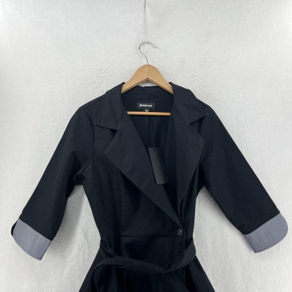 Betabrand Duster Trench Coat Womens M Black Wrap Style Belt Tie 3/4 Sleeves USA - Picture 6 of 13